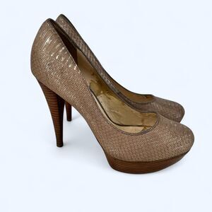 Metallic Leather Snakeskin Wood Platform Pumps Stiletto Heels Shoes